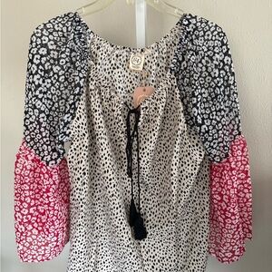 CAbi Black and White Dotted Blouse with Vibrant Red Sleeves Size Large